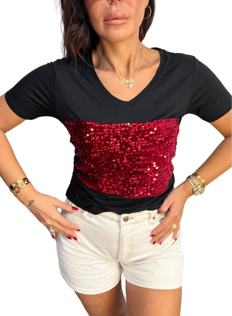 VENTIUP Women's V-Neck T-Shirts Short Sleeve Black / Red Shiny Details - Image 4
