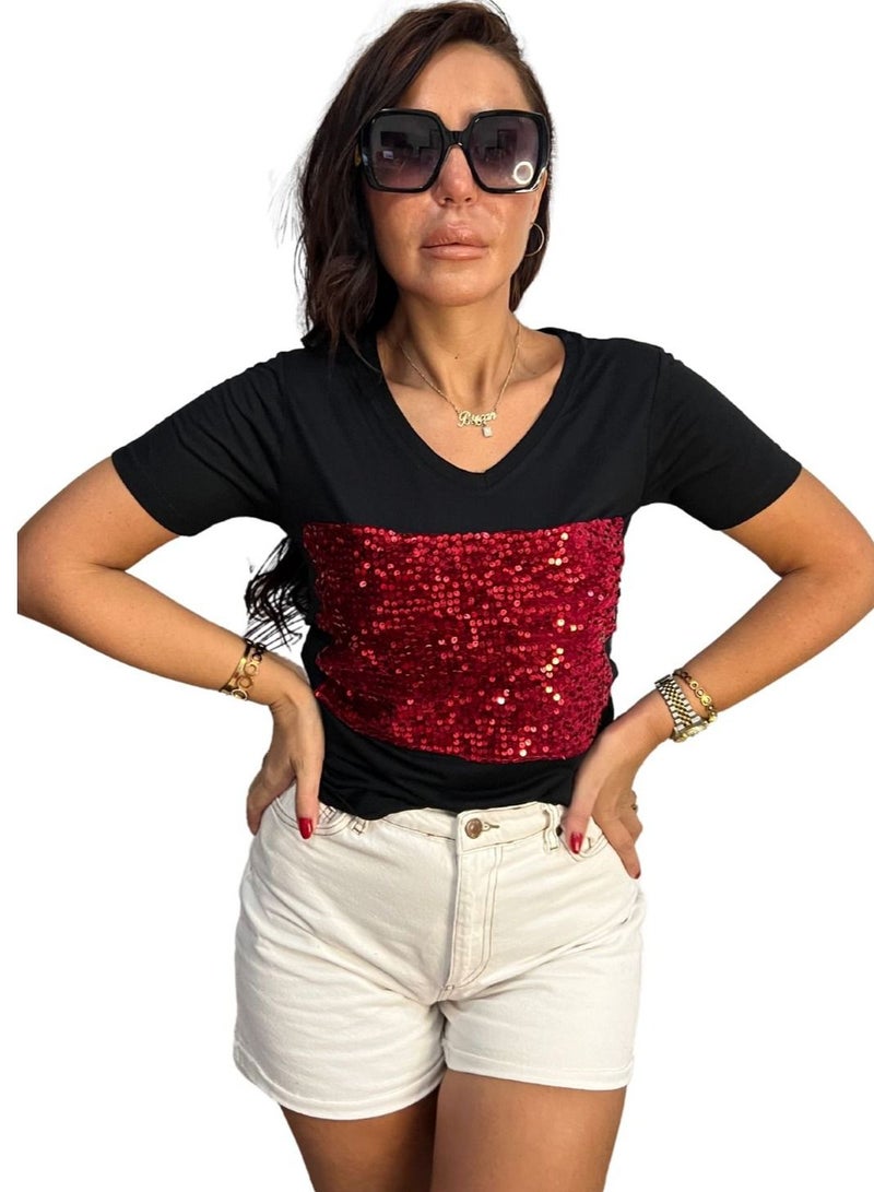VENTIUP Women's V-Neck T-Shirts Short Sleeve Black / Red Shiny Details - Image 2