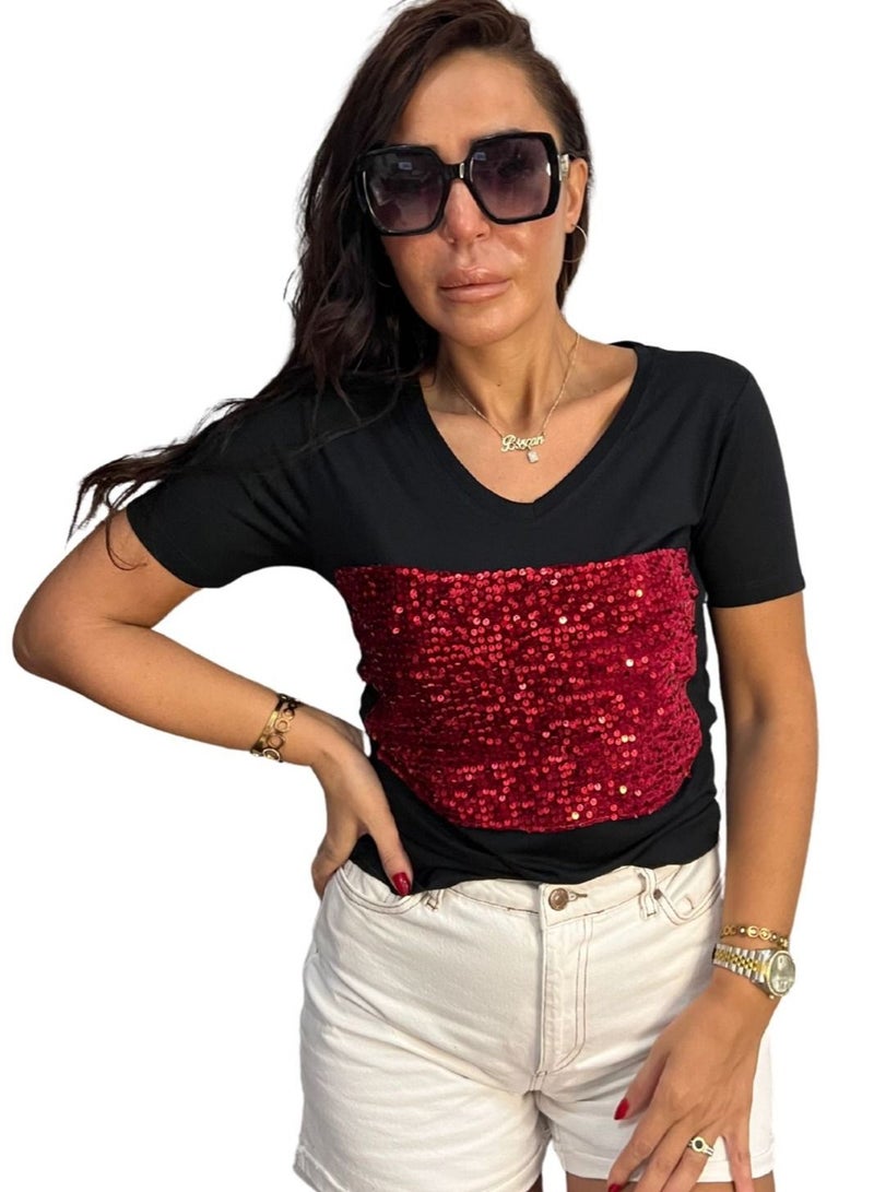 VENTIUP Women's V-Neck T-Shirts Short Sleeve Black / Red Shiny Details - Image 3
