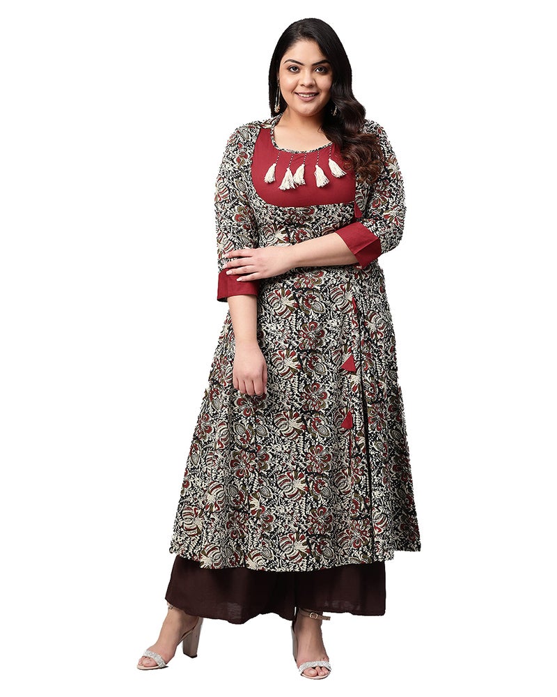 Yash Gallery Women's Cotton Angrakha Style Kalamkari Printed Indian Kurtis (Maroon., 4XL) - Image 3