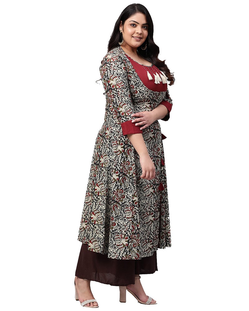 Yash Gallery Women's Cotton Angrakha Style Kalamkari Printed Indian Kurtis (Maroon., 4XL) - Image 2