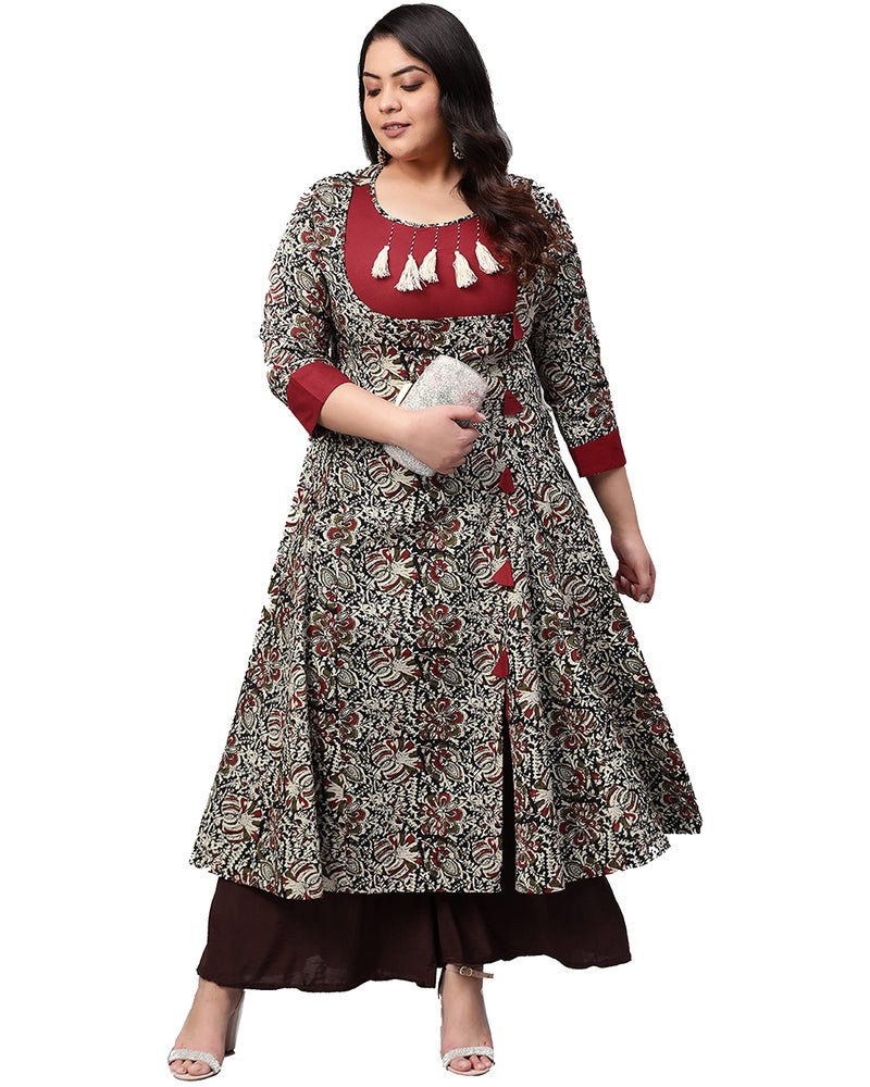 Yash Gallery Women's Cotton Angrakha Style Kalamkari Printed Indian Kurtis (Maroon., 4XL) - Image 1