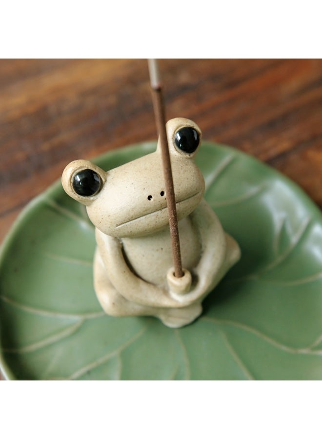 Handmade Ceramic Frog on Lotus Leaf Incense Stick Holder - Cute Porcelain Ash Catcher for Home Decor, Yoga, Meditation & Office Aromatherapy (Green/Beige) - Image 4
