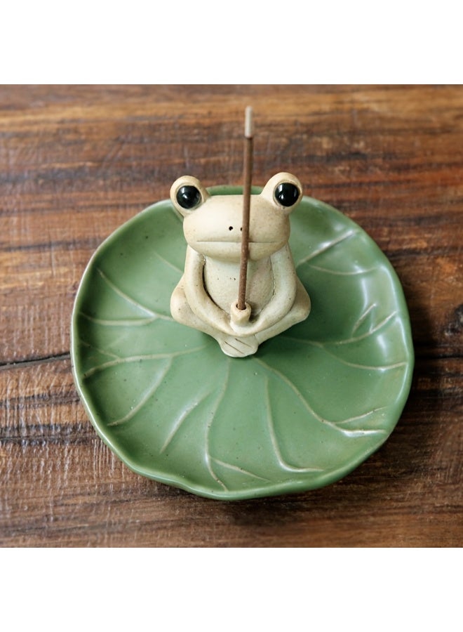 Handmade Ceramic Frog on Lotus Leaf Incense Stick Holder - Cute Porcelain Ash Catcher for Home Decor, Yoga, Meditation & Office Aromatherapy (Green/Beige) - Image 2