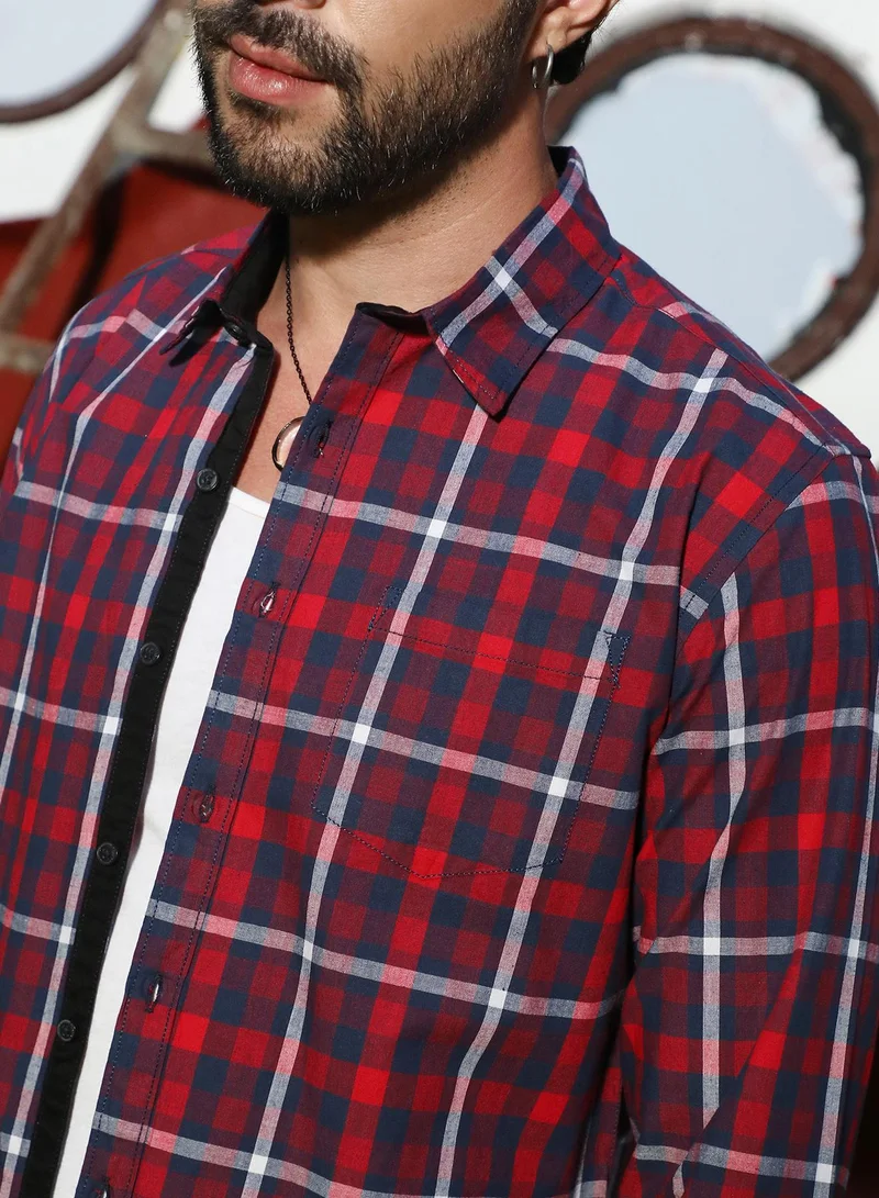 Campus Sutra Men's Navy Blue & Red Tartan Plaid Shirt For Casual Wear | Spread Collar | Long Sleeve | Button Closure | Cotton Shirt Crafted With Comfort Fit For Everyday Wear