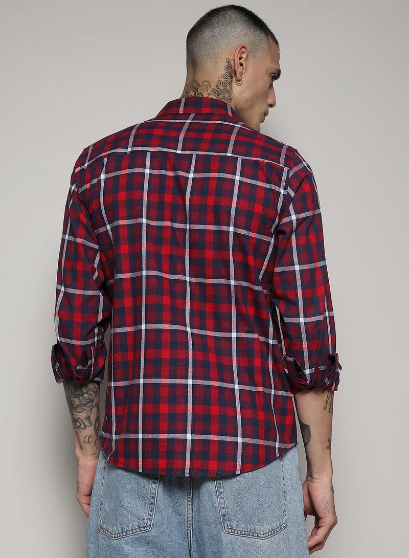 Campus Sutra Men's Navy Blue & Red Tartan Plaid Shirt For Casual Wear | Spread Collar | Long Sleeve | Button Closure | Cotton Shirt Crafted With Comfort Fit For Everyday Wear