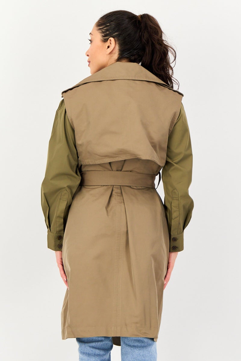 Selected x Raw Denim Society  Women Solid Belted Trench Coat, Green - Image 4