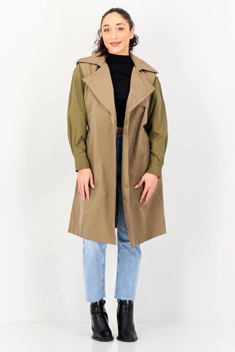 Selected x Raw Denim Society  Women Solid Belted Trench Coat, Green - Image 3