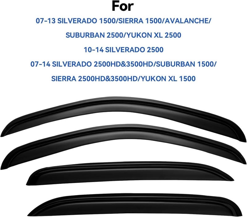 YQAUTEC Window Visors Rain Guards for 2007-2013 Chevy Silverado/GMC Sierra 1500/Avalanche Crew Cab, Window Vent Wind Deflectors Visors Shades for 2007-2014 Silverado/Sierra 2500HD-3500HD/Suburban/Yukon XL - Image 2