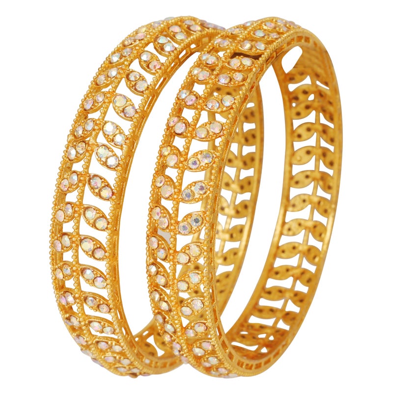 Touchstone NEW! Indian Bollywood Choice Petals Workmanship Round Shape Faux Rainbow Color Stones Designer Jewelry Bracelets Bangle In Gold Tone. Set Of 2. For Women. - Image 1