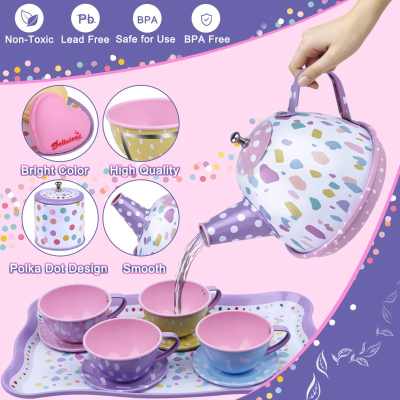 PRE-WORLD Tea Party Set for Little Girls,PRE-WORLD Princess Tea Time Toy with Food Sweet Treats Playsets,Dress Up Accessories Cloak Necklace Bracelet Jewelry Set, Kids Kitchen Pretend Play for Girls Age 3-6 - Image 4