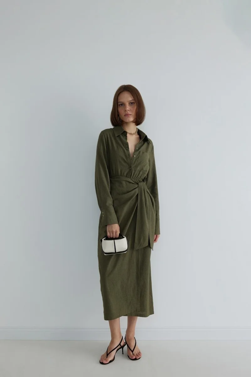 Suud Collection Khaki Nolid Wrap Linen Dress