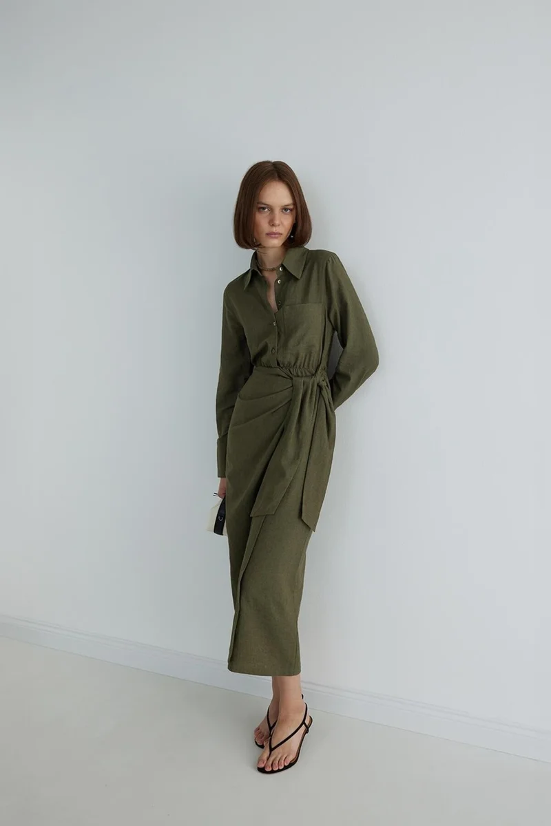 Suud Collection Khaki Nolid Wrap Linen Dress