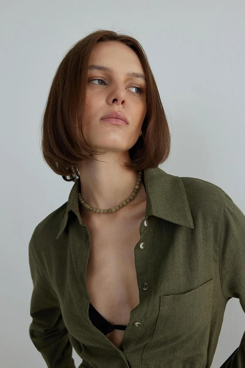 Suud Collection Khaki Nolid Wrap Linen Dress
