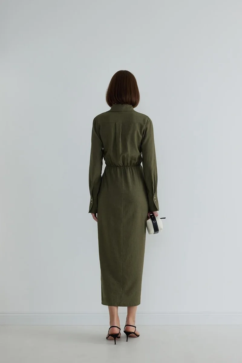 Suud Collection Khaki Nolid Wrap Linen Dress