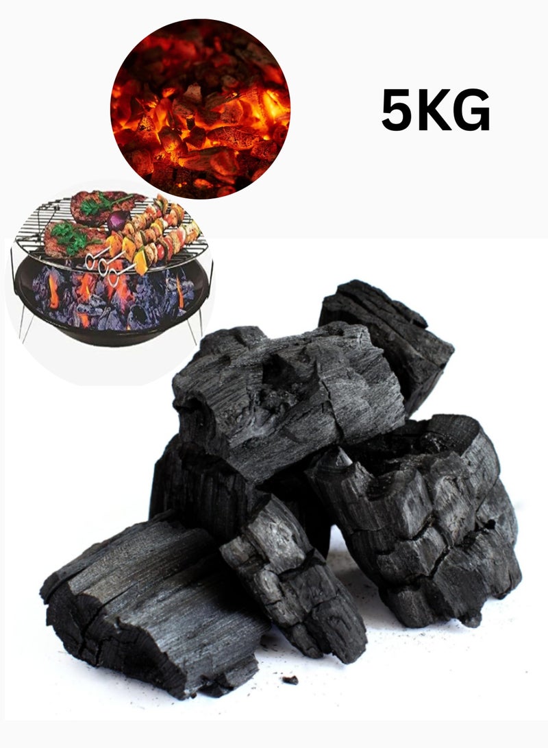 فحم شواء طبيعي فاخر - 5 كجم | حرارة عالية، احتراق يدوم طويلاً | فحم خالٍ من الدخان والرائحة للشواء والطهي في الهواء الطلق. - Image 1