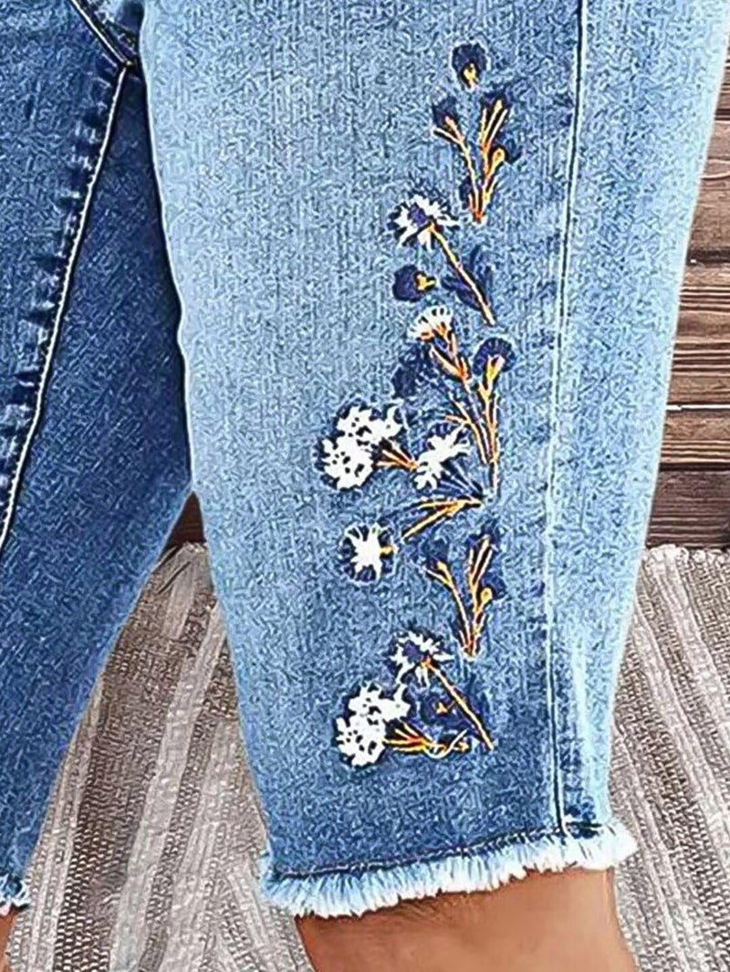 Flamingals Women's Casual Denim Shorts Mid Rise Stretchy Raw Hem Floral Embroidery Bermuda Shorts Mid Blue M - Image 5
