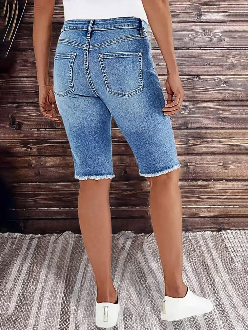 Flamingals Women's Casual Denim Shorts Mid Rise Stretchy Raw Hem Floral Embroidery Bermuda Shorts Mid Blue M - Image 2