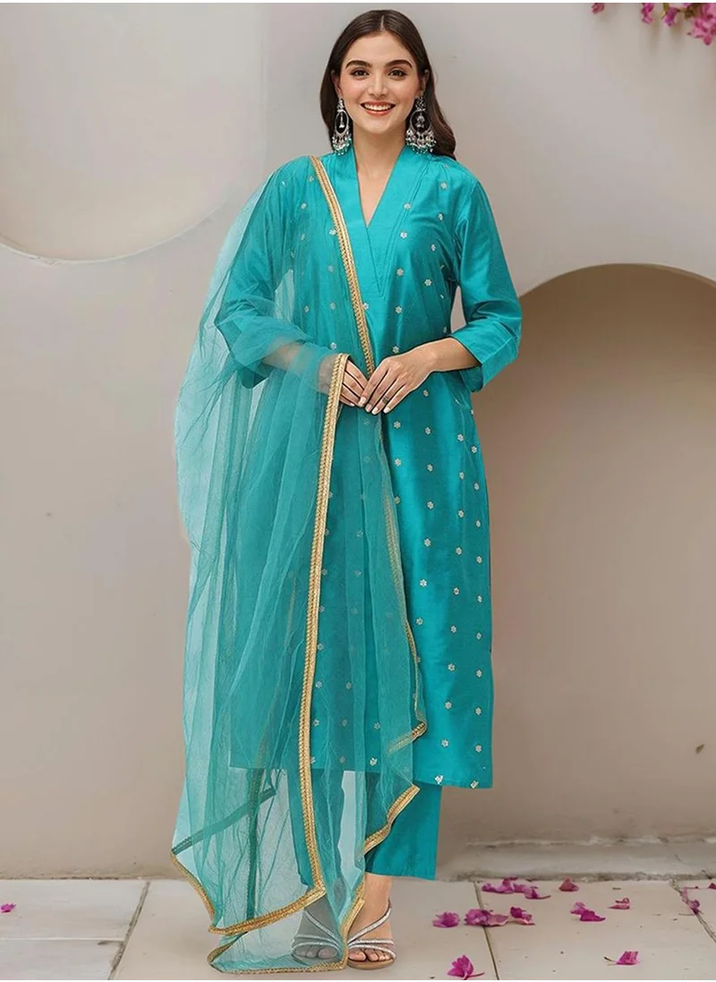 آي شين Women's Teal Green Polyester Blend Embellished Tunic Full Length Casual Straight Fit Kurta Set