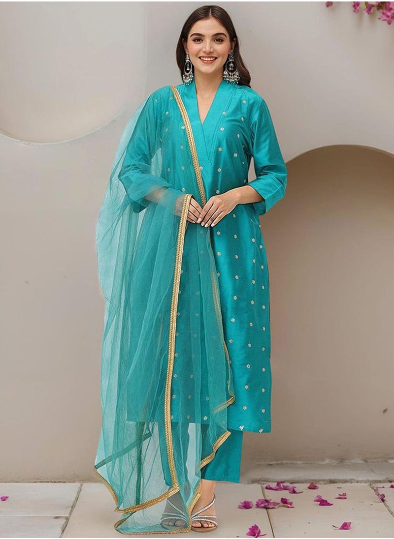 ISHIN Women's Teal Green Polyester Blend Embellished Tunic Full Length Casual Straight Fit Kurta Set  - Image 2