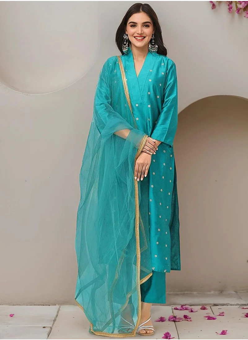 آي شين Women's Teal Green Polyester Blend Embellished Tunic Full Length Casual Straight Fit Kurta Set