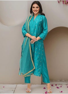 ISHIN Women's Teal Green Polyester Blend Embellished Tunic Full Length Casual Straight Fit Kurta Set  - Image 5