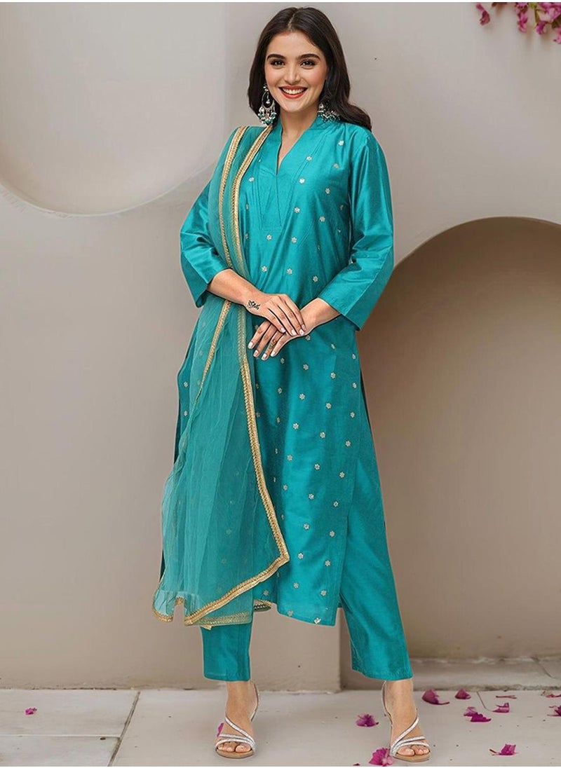 ISHIN Women's Teal Green Polyester Blend Embellished Tunic Full Length Casual Straight Fit Kurta Set  - Image 5