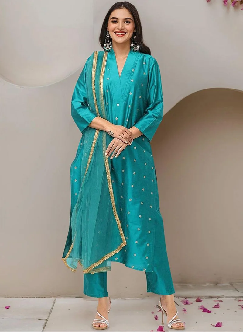 ISHIN Women's Teal Green Polyester Blend Embellished Tunic Full Length Casual Straight Fit Kurta Set