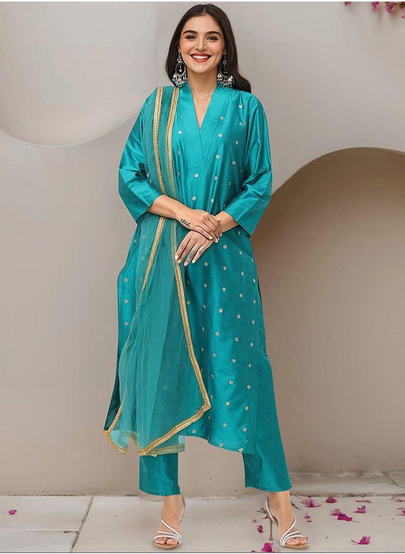 ISHIN Women's Teal Green Polyester Blend Embellished Tunic Full Length Casual Straight Fit Kurta Set  - Image 3