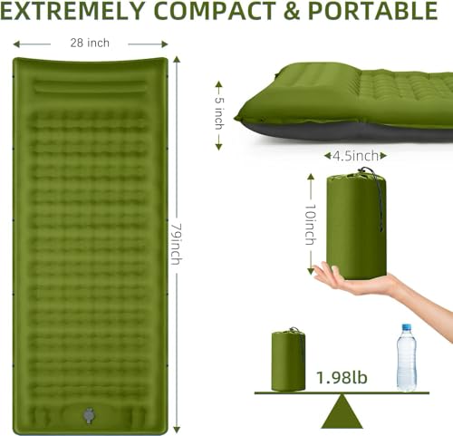 FNARMW Camping Sleeping Pad Extra Thick 5 Inch Camping Mat with Pillow Builtin Foot Pump Inflatable Sleeping Pads Compact for Camping Backpacking Hiking Traveling TentMilitary Yellow - Image 3