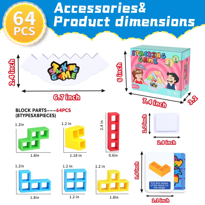BBnote 64PCS Stack Game for Adult & Kids, Tetra Board Tower Games for Family Travel Party, 2 Players Balance Stacking Toy, Team Toys Building Block - Image 2