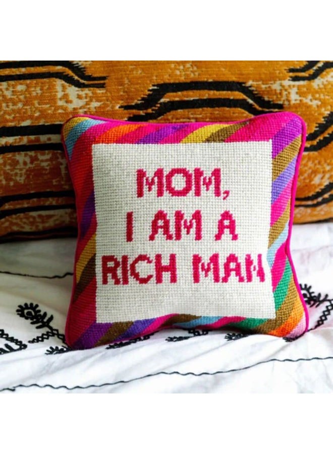 Furbish Handmade Needlepoint Decorative Throw Pillow - Mom I Am A Rich Man - 10" x 10" - Custom Designer Hand Embroidered Pillow - Image 5