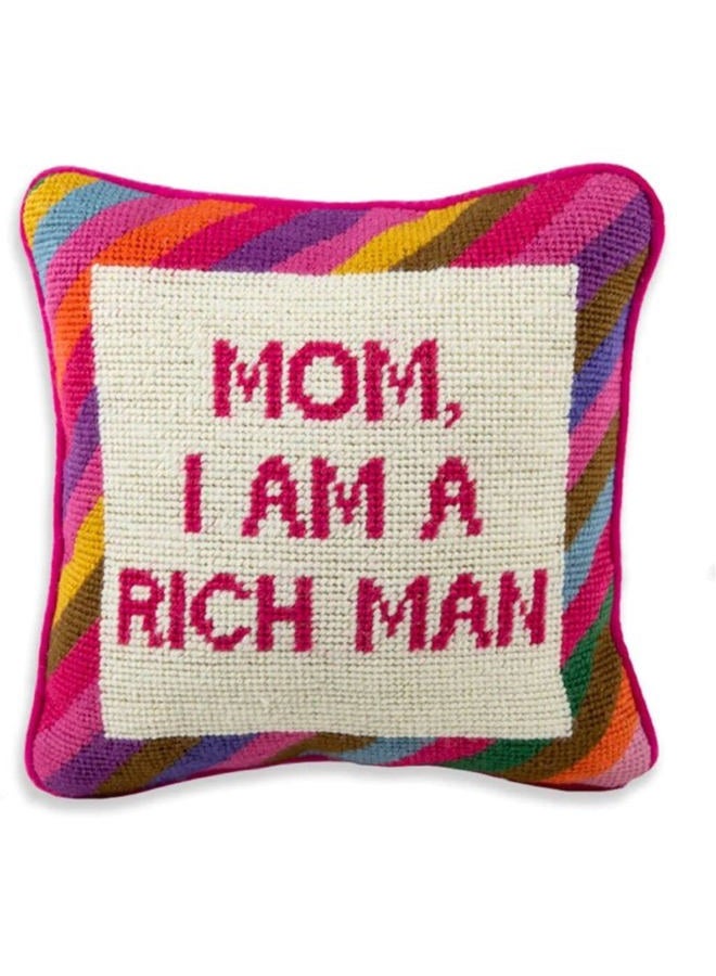 Furbish Handmade Needlepoint Decorative Throw Pillow - Mom I Am A Rich Man - 10" x 10" - Custom Designer Hand Embroidered Pillow - Image 1