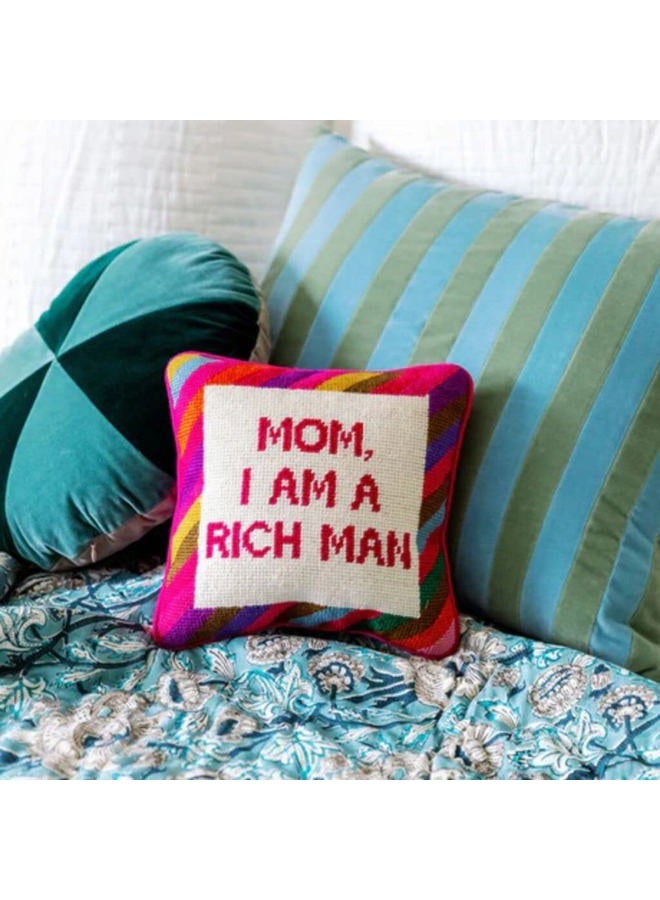 Furbish Handmade Needlepoint Decorative Throw Pillow - Mom I Am A Rich Man - 10" x 10" - Custom Designer Hand Embroidered Pillow - Image 3