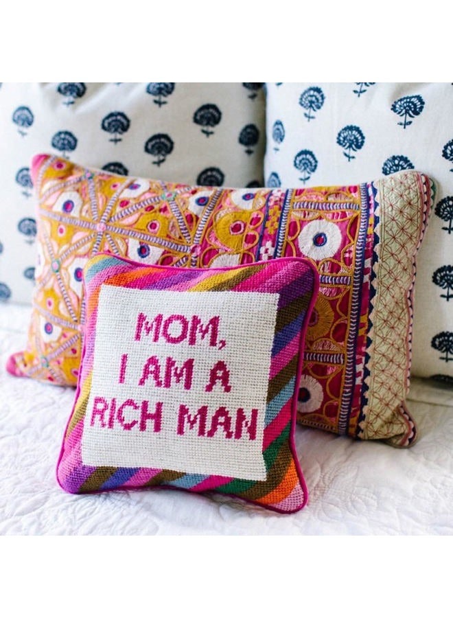 Furbish Handmade Needlepoint Decorative Throw Pillow - Mom I Am A Rich Man - 10" x 10" - Custom Designer Hand Embroidered Pillow - Image 4