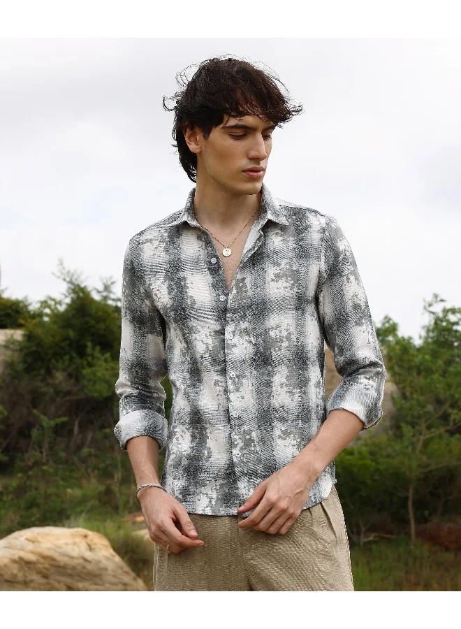 CAHOOT  Men's Moon Grey Splash Check Shirt For Casual Wear | Spread Collar | Long Sleeve | Button Closure | Shirt Crafted With Comfort Fit For Everyday Wear for Men | Best Price UAE