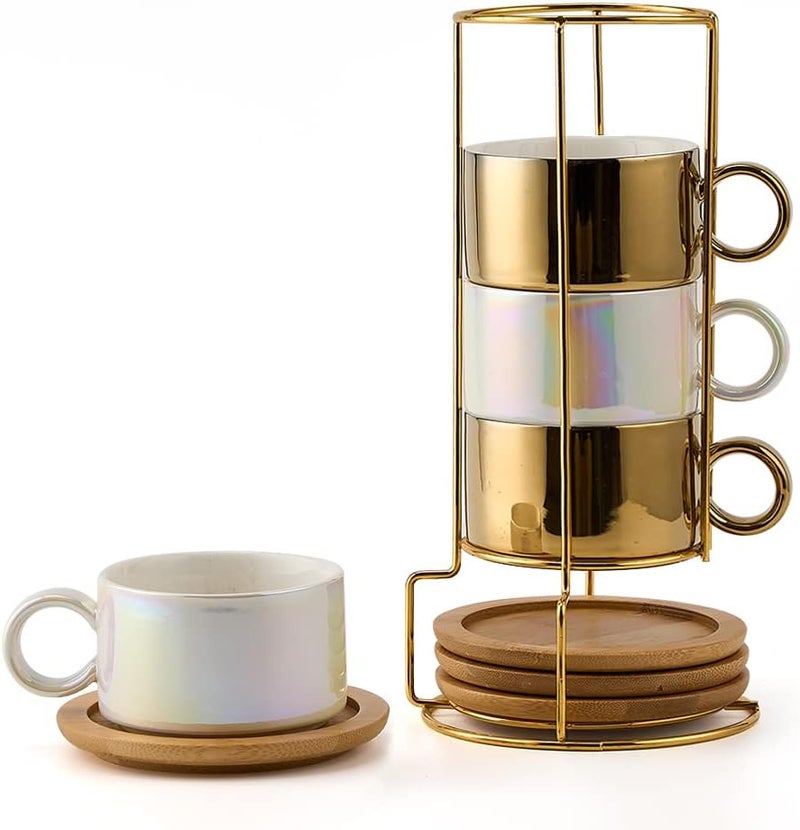 LUKA Porcelain Espresso Cup with Saucers and Metal Stand - 6 Ounce Stackable Ceramic Demitasse Espresso Mugs Cappuccino Cups Set for Latte, Coffee, Cafe Mocha, Tea - Set of 4,Shimmer Golden - Image 1