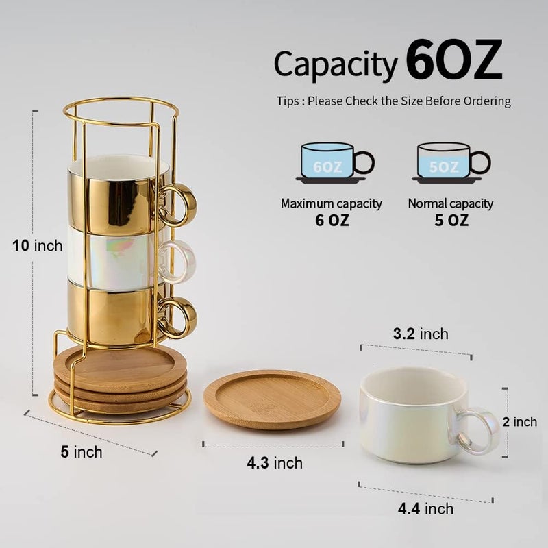 LUKA Porcelain Espresso Cup with Saucers and Metal Stand - 6 Ounce Stackable Ceramic Demitasse Espresso Mugs Cappuccino Cups Set for Latte, Coffee, Cafe Mocha, Tea - Set of 4,Shimmer Golden - Image 2