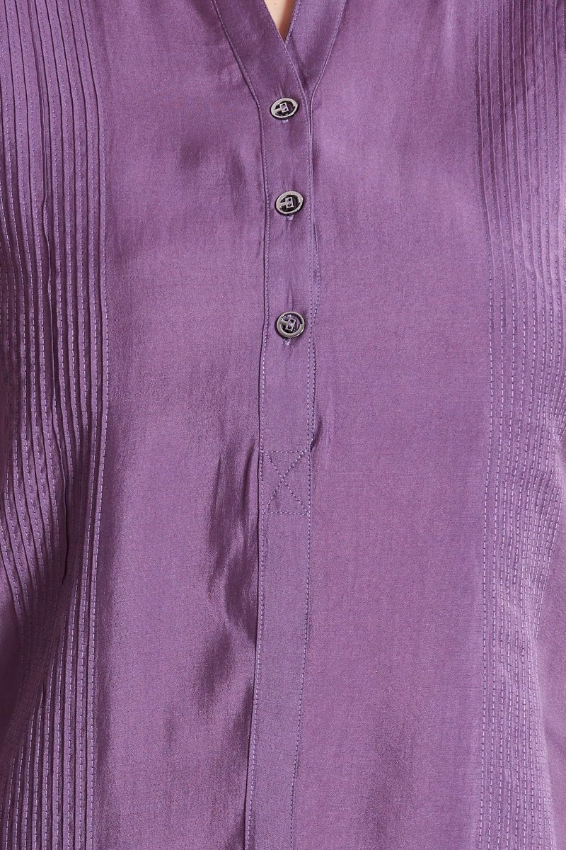 nioni Pintucks Manderian Collar Western Linen Short Kurti/Tunic, ¾ Cuff Sleeves, Round Manderian Collar, Casual Wear & Office Wear, Traditional Style Kurtis for Women’s & Girls (11598_Purple_L) - Image 3