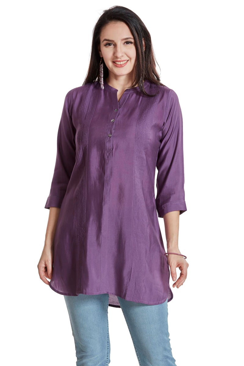nioni Pintucks Manderian Collar Western Linen Short Kurti/Tunic, ¾ Cuff Sleeves, Round Manderian Collar, Casual Wear & Office Wear, Traditional Style Kurtis for Women’s & Girls (11598_Purple_L) - Image 1