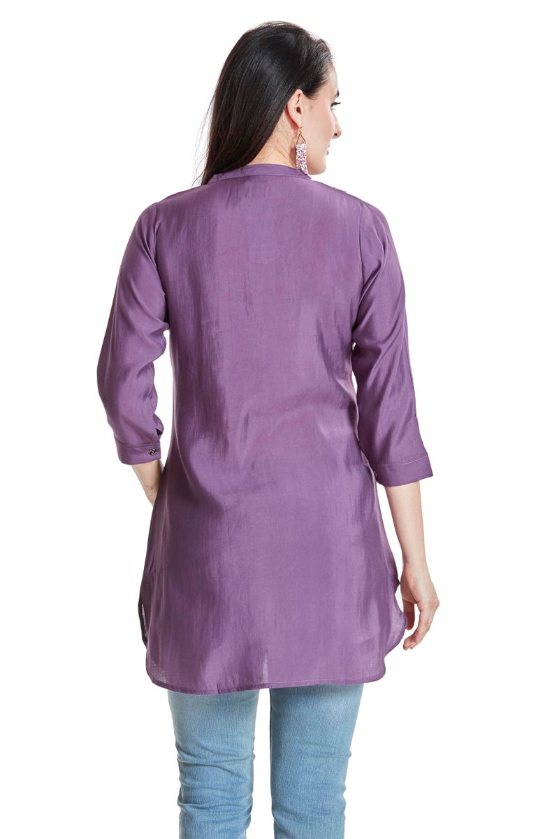 nioni Pintucks Manderian Collar Western Linen Short Kurti/Tunic, ¾ Cuff Sleeves, Round Manderian Collar, Casual Wear & Office Wear, Traditional Style Kurtis for Women’s & Girls (11598_Purple_L) - Image 4