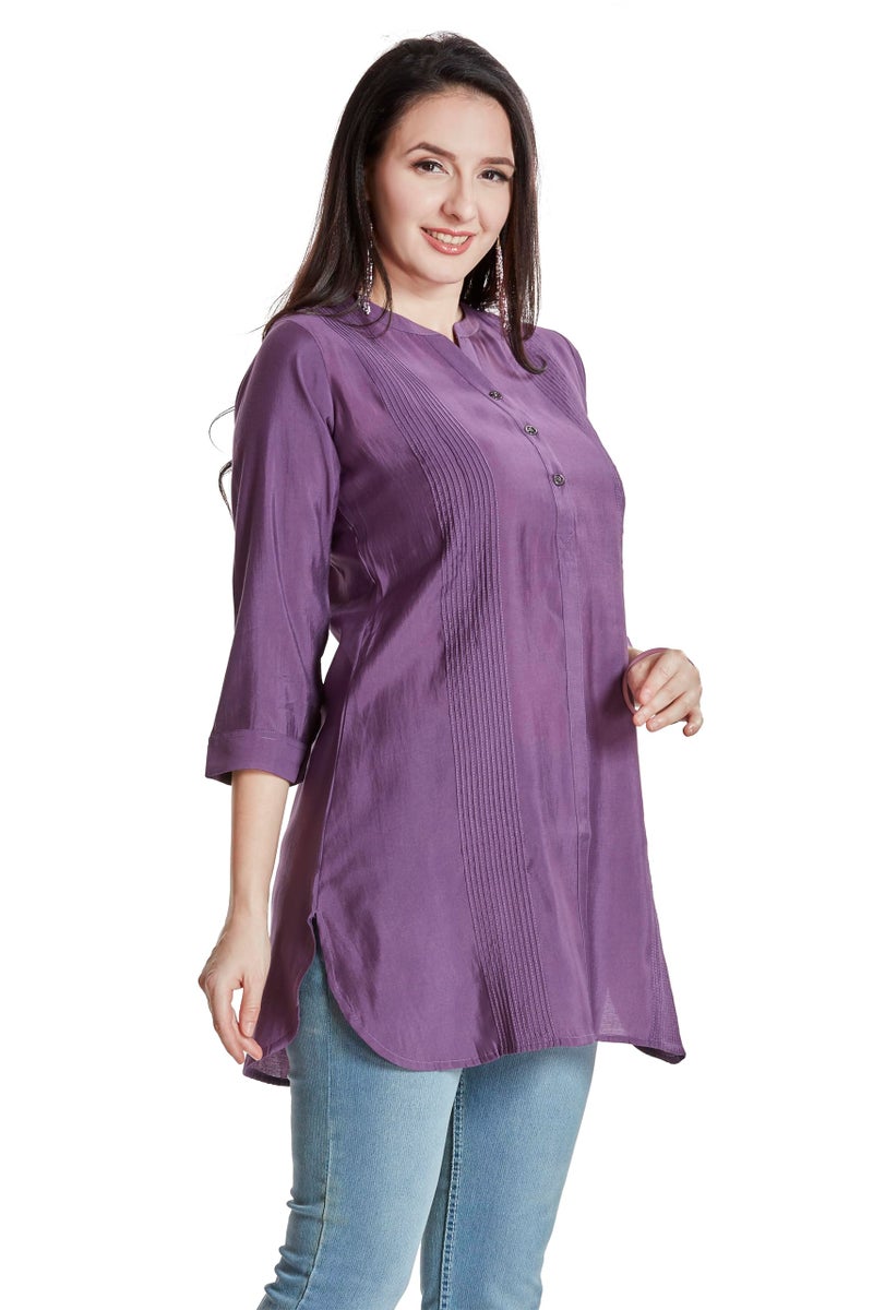 nioni Pintucks Manderian Collar Western Linen Short Kurti/Tunic, ¾ Cuff Sleeves, Round Manderian Collar, Casual Wear & Office Wear, Traditional Style Kurtis for Women’s & Girls (11598_Purple_L) - Image 5