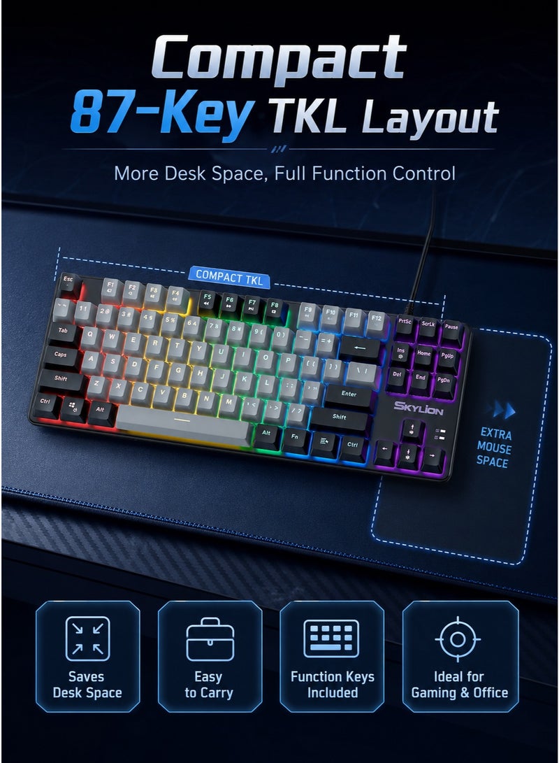 SKYLion Mechanical Gaming Keyboard 87-Key , Wired RGB Backlit Keyboard with Blue Switches, Splash-Proof Ergonomic TKL Design for PC, Mac, Office & Gaming - Image 2