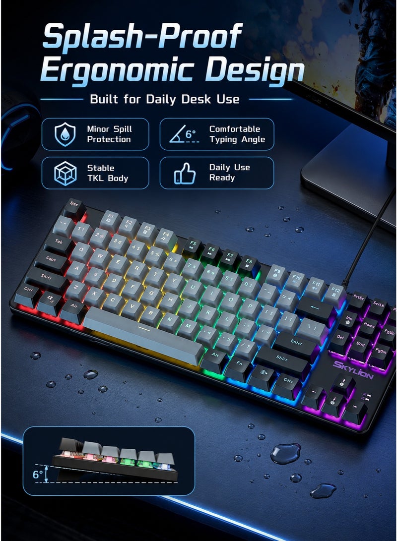 SKYLion Mechanical Gaming Keyboard 87-Key , Wired RGB Backlit Keyboard with Blue Switches, Splash-Proof Ergonomic TKL Design for PC, Mac, Office & Gaming - Image 5