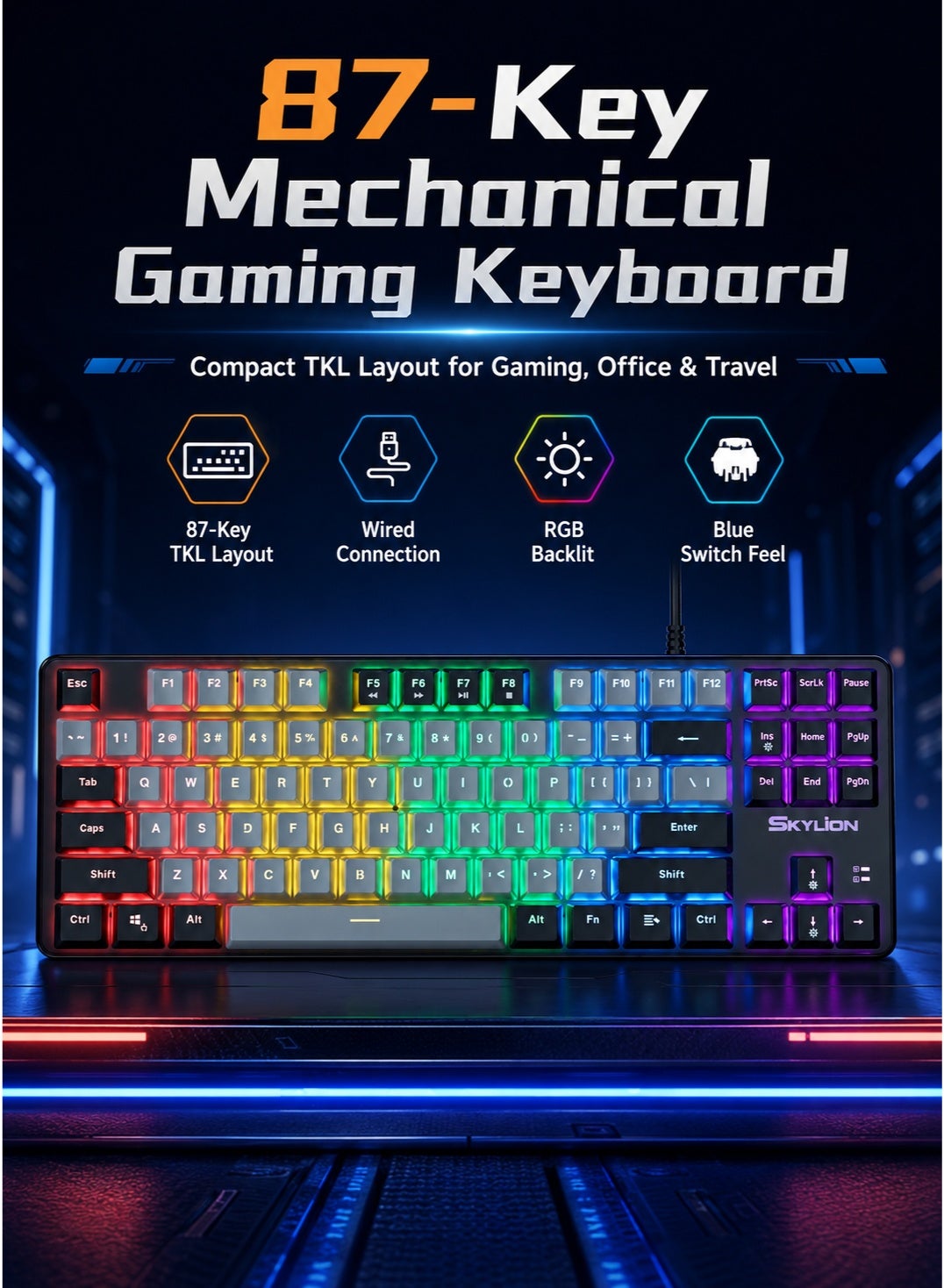 Keyboard Arabic English Mechanical Gaming Keyboard USB Wired Mechanical Keyboard,Ergonomic RGB LED Backlit 87% Computer Keyboard Anti-ghosting, Splash-Proof, Ideal for PC/Mac Gamers Blue Switches