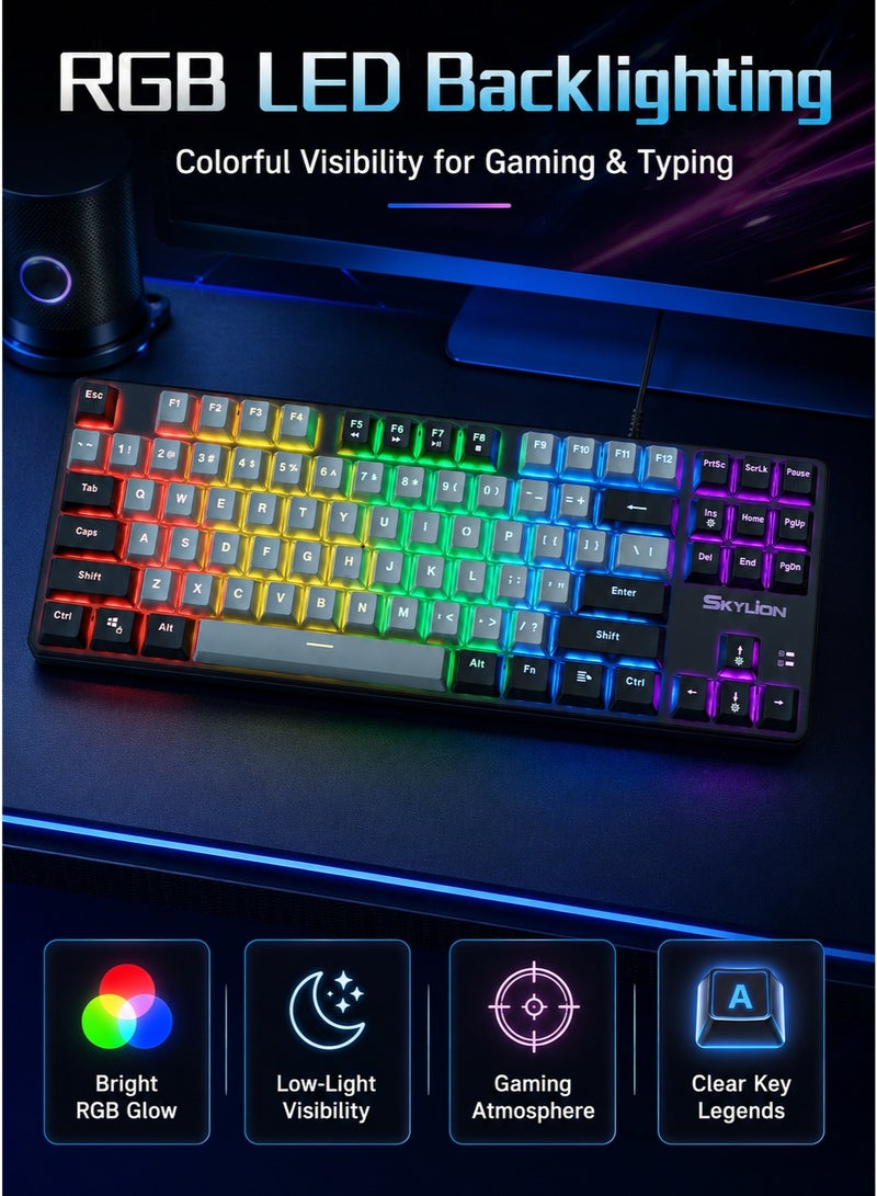 SKYLion Mechanical Gaming Keyboard 87-Key , Wired RGB Backlit Keyboard with Blue Switches, Splash-Proof Ergonomic TKL Design for PC, Mac, Office & Gaming - Image 3