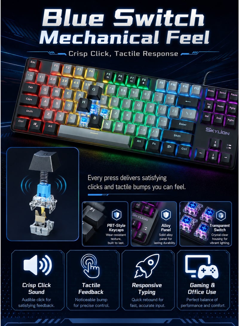 SKYLion Mechanical Gaming Keyboard 87-Key , Wired RGB Backlit Keyboard with Blue Switches, Splash-Proof Ergonomic TKL Design for PC, Mac, Office & Gaming - Image 4