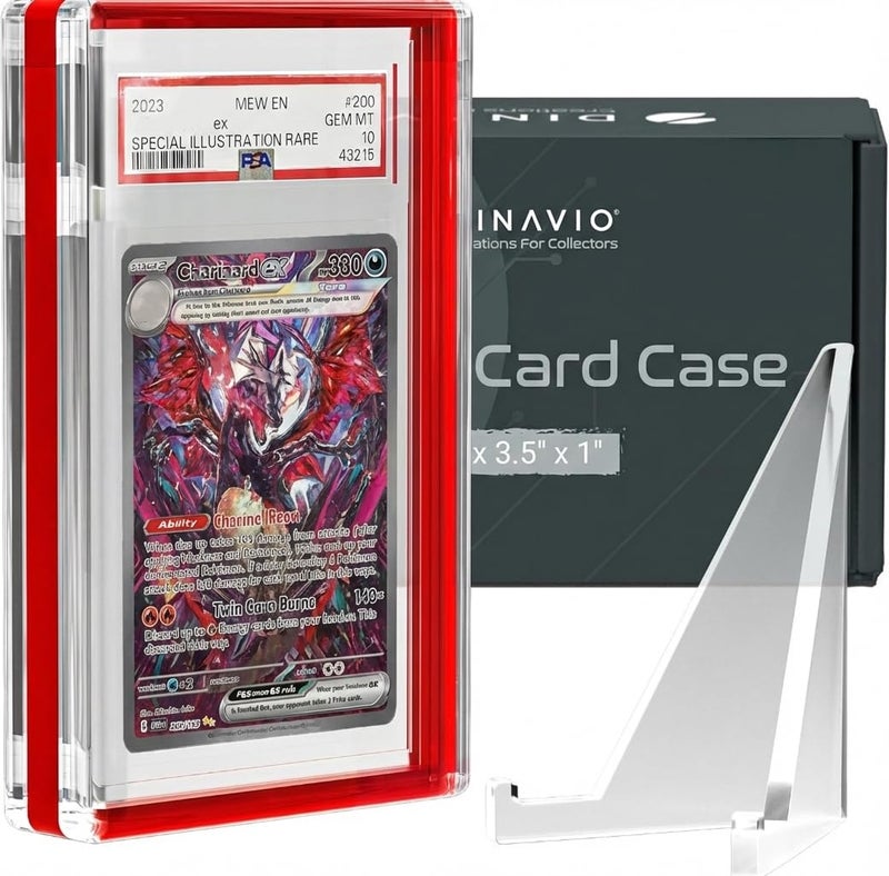 Dinavio Crafthouse PSA Graded Card Display Acrylic Case for Standard PSA and CGC Slabs - Slab Case - PSA Card Case - Graded Card Display Case - Updated Dimensions - Stand Included (Red Border) - Image 1