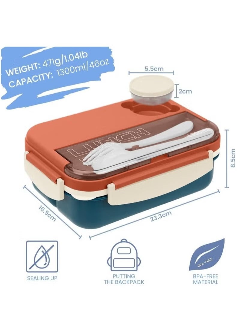 Bento Box, Lunch Box Containers for Toddler/Kids/Adults, 1300ml-4 Compartments&Fork, Leak-Proof, Microwave/Dishwasher/Freezer Safe, Bpa-Free