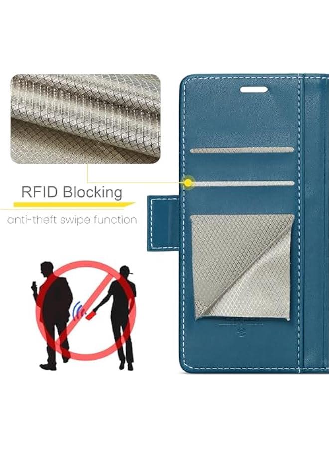 حامل بطاقة ائتمان مع حافظة حماية لهاتف آيفون 16 من البولي يوريثين اللون ازرق بتقنية حجب الموجات الراديوية ومسند قابل للطي ومشبك مغناطيسي بحجم 6.1 انش، للرجال والنساء - Image 4